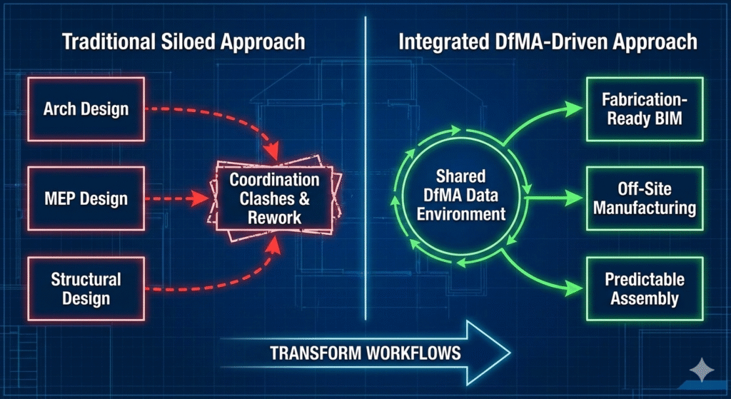 "Diagram comparing traditional siloed approach with integrated DfMA-driven workflow, showing how shared DfMA data enables fabrication-ready BIM, off-site manufacturing, and predictable assembly."