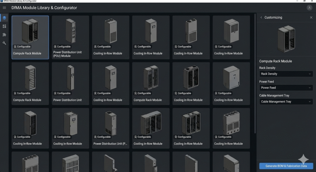 "DfMA module library showing configurable rack and cooling modules."