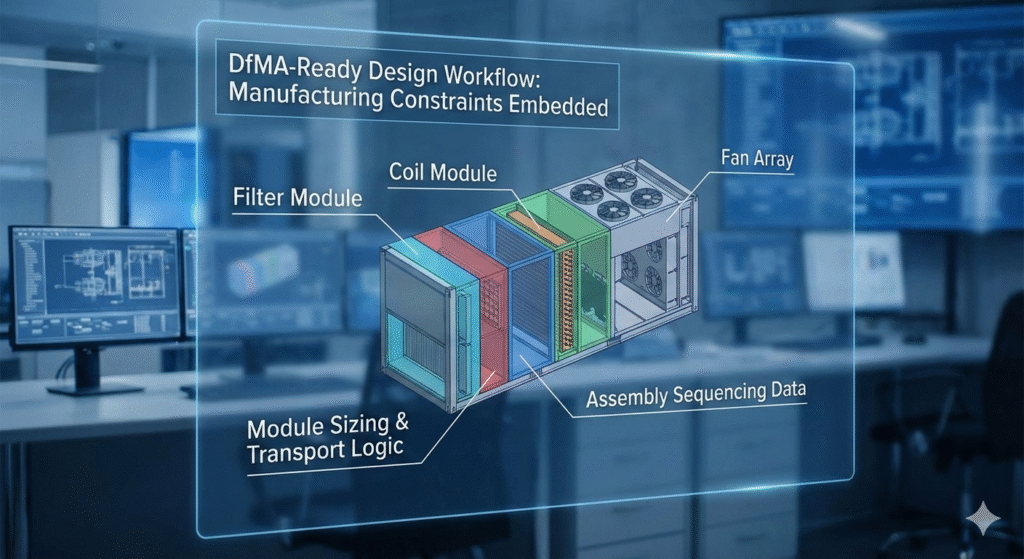 "3D DfMA-ready design workflow showing filter, coil, and fan modules with embedded manufacturing constraints, module sizing, and assembly sequencing data for efficient BIM-based fabrication."