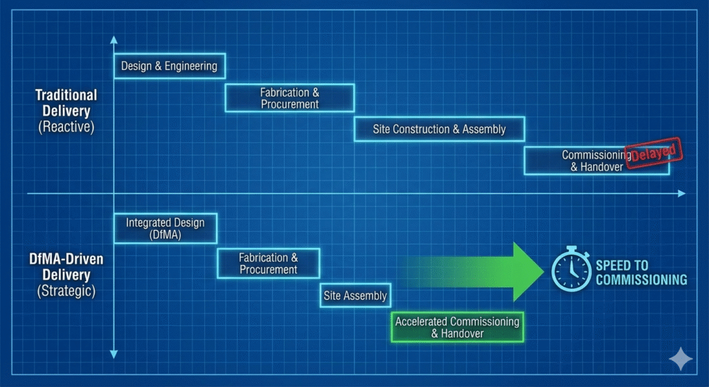 "Comparison of siloed vs DfMA-driven BIM approach for better project workflows."