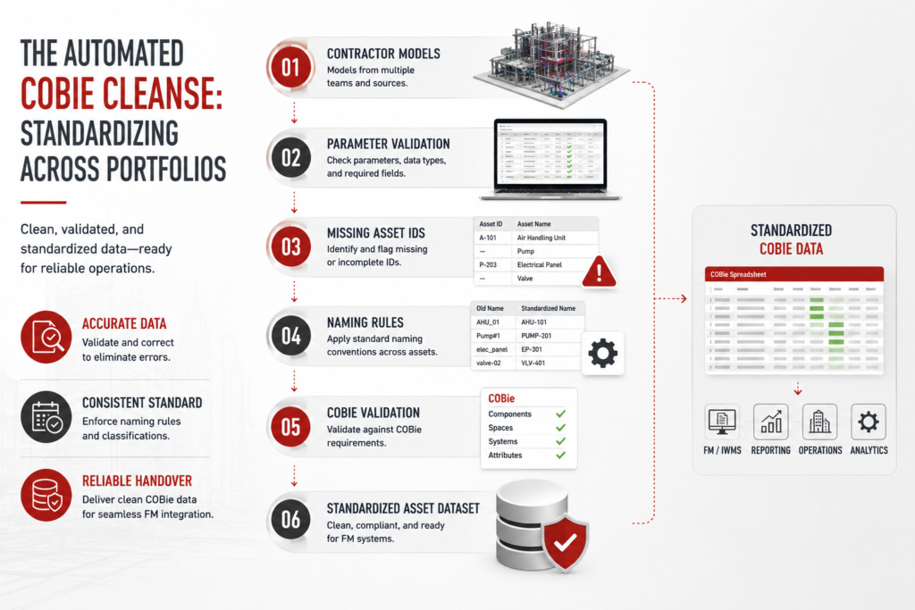 How Owner-Operators Manage Multi-Site Assets with BIM Automation 1 COBie data standardization workflow infographic